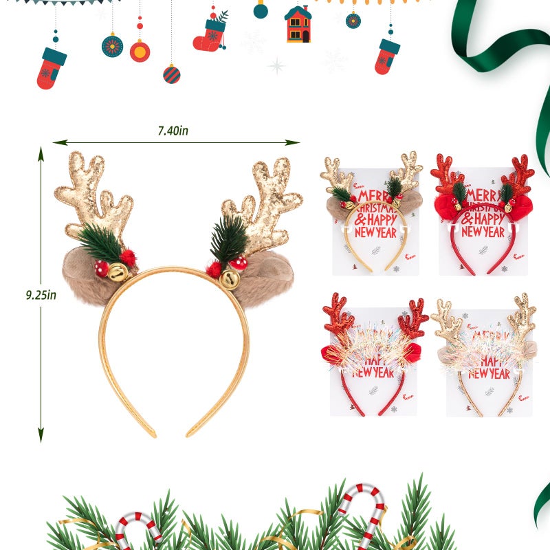BLAAROOM Christmas Reindeer Antlers Headbands for Women Girls Glitter Elk Antlers Ears Headband with Jingle Bells Christmas Headwear Decorations - Gold - Image 3